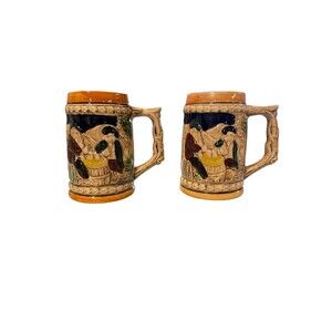 Beer Stein Mug Made‎ In Japan German Pub Trimont Ceramic Antique Set Of 2